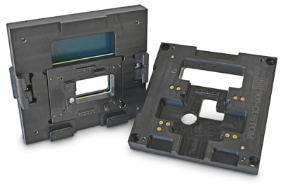 Custom pcb module test socket (right) with clip-on lid (left)