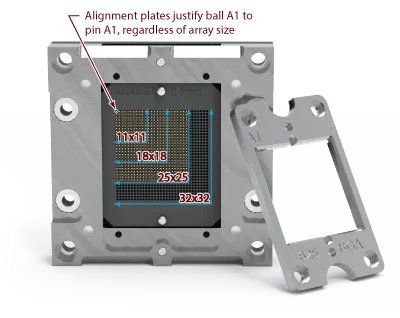 universal array socket base for BGA, LGA, & WLCSP test sockets